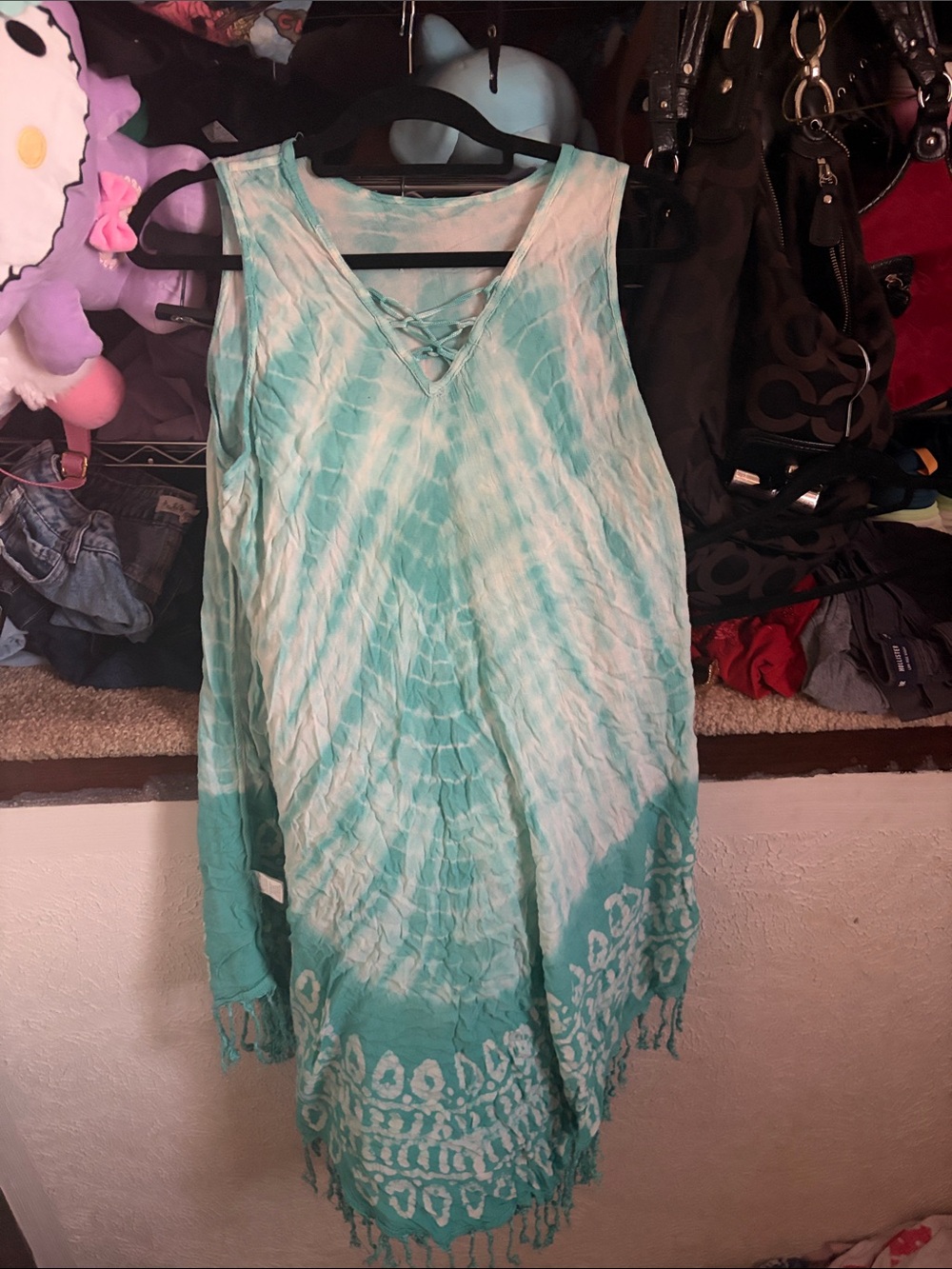 Ingear Aqua and White Tie-Dye Swim Coverup with Fringe